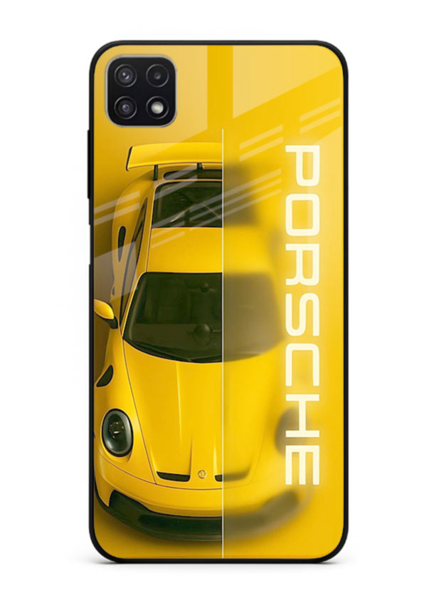 Yellow Porsche car top view minimal aesthetic design on solid background for Samsung F42 5G