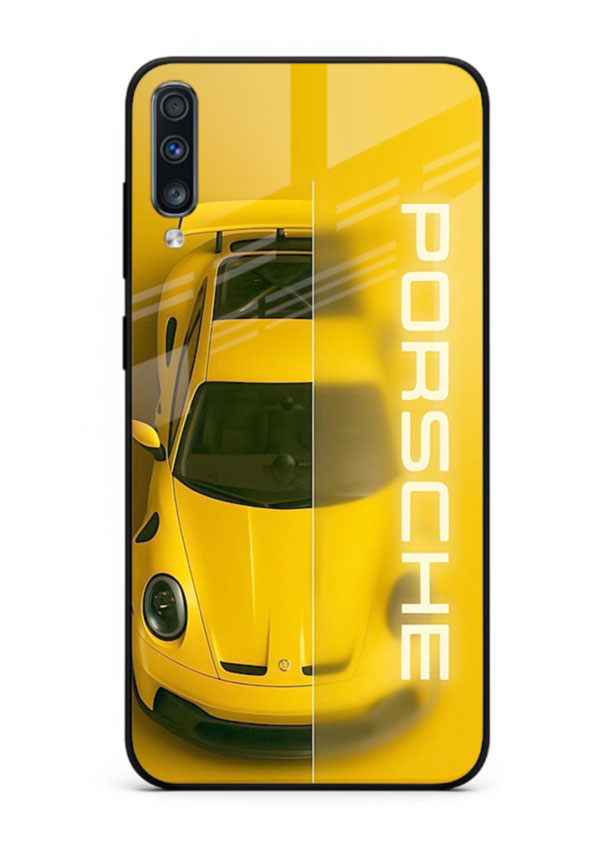 Yellow Porsche car top view minimal aesthetic design on solid background for Samsung A70