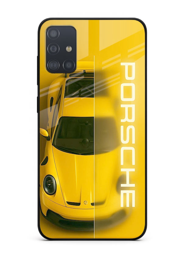 Yellow Porsche car top view minimal aesthetic design on solid background for Samsung A71