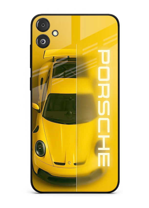 Yellow Porsche car top view minimal aesthetic design on solid background for Samsung F14 5G