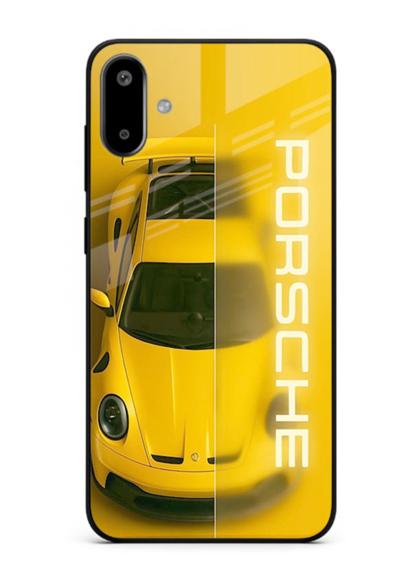 Yellow Porsche car top view minimal aesthetic design on solid background for Samsung F06 5G