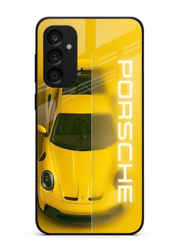 Yellow Porsche car top view minimal aesthetic design on solid background for Samsung M15 5G