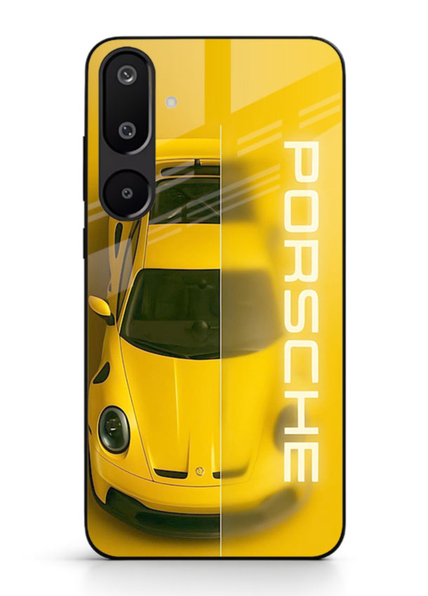 Yellow Porsche car top view minimal aesthetic design on solid background for Samsung M16 5G