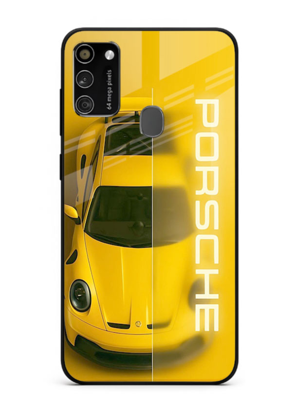 Yellow Porsche car top view minimal aesthetic design on solid background for Samsung M30s