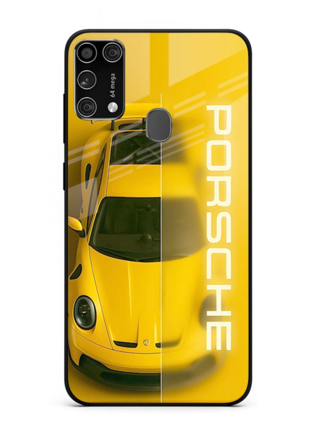 Yellow Porsche car top view minimal aesthetic design on solid background for Samsung M31