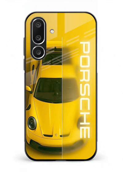 Yellow Porsche car top view minimal aesthetic design on solid background for Samsung M56 5G