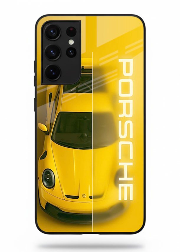 Yellow Porsche car top view minimal aesthetic design on solid background for Samsung S21 Ultra