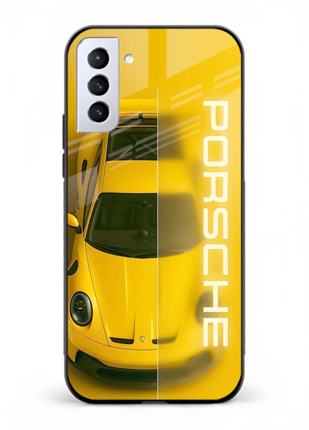 Yellow Porsche car top view minimal aesthetic design on solid background for Samsung S22