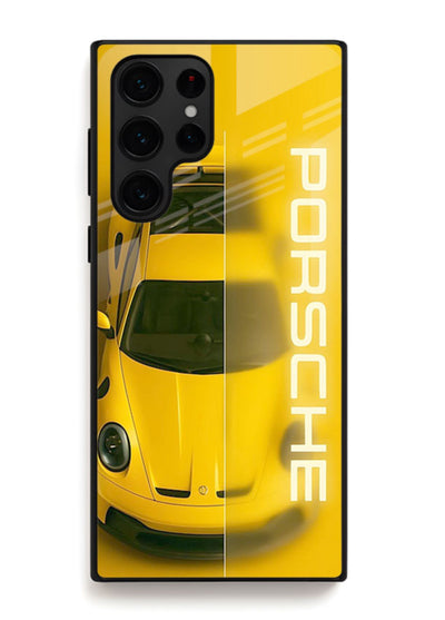 Yellow Porsche car top view minimal aesthetic design on solid background for Samsung S25 Ultra