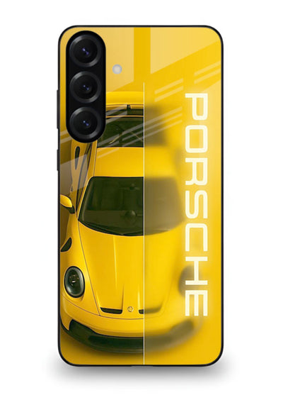 Yellow Porsche car top view minimal aesthetic design on solid background for Samsung S25