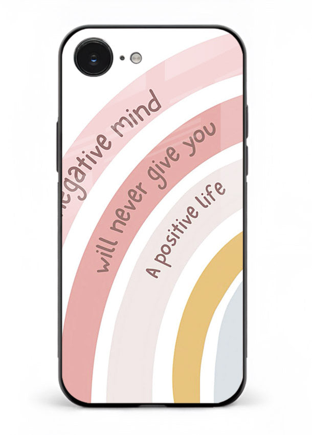 Pastel rainbow arc artwork printed on iphone 16e glass back cover with cheerful tones.