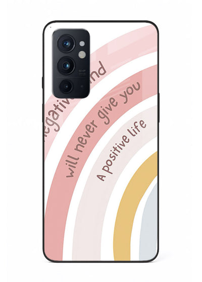 Pastel rainbow arc artwork printed on OnePlus 9RT glass back cover with cheerful tones.