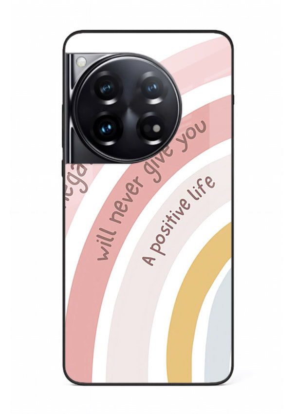 Pastel rainbow arc artwork printed on OnePlus 12 glass back cover with cheerful tones.