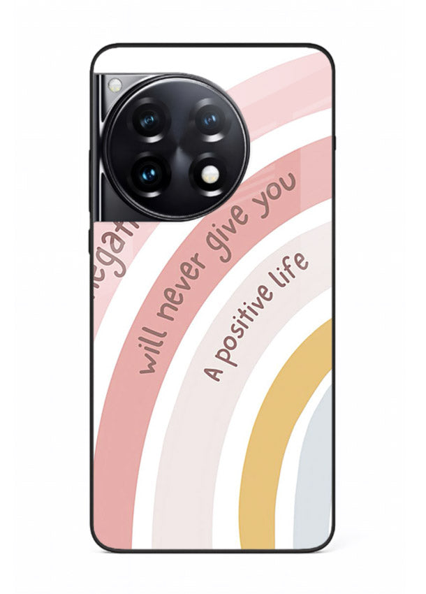 Pastel rainbow arc artwork printed on OnePlus 12R glass back cover with cheerful tones.
