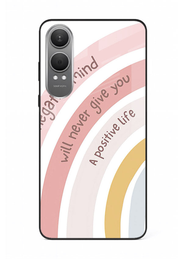 Pastel rainbow arc artwork printed on OnePlus Nord CE4 Lite glass back cover with cheerful tones.