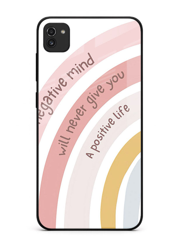 Pastel rainbow arc artwork printed on Samsung A03 glass back cover with cheerful tones.