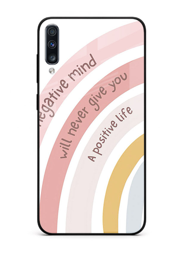 Pastel rainbow arc artwork printed on Samsung A70 glass back cover with cheerful tones.