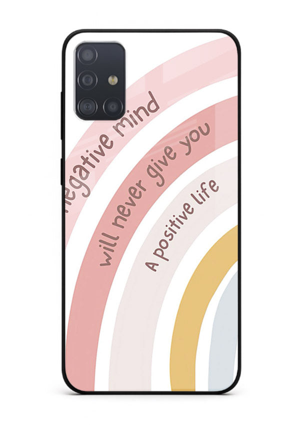 Pastel rainbow arc artwork printed on Samsung A71 glass back cover with cheerful tones.