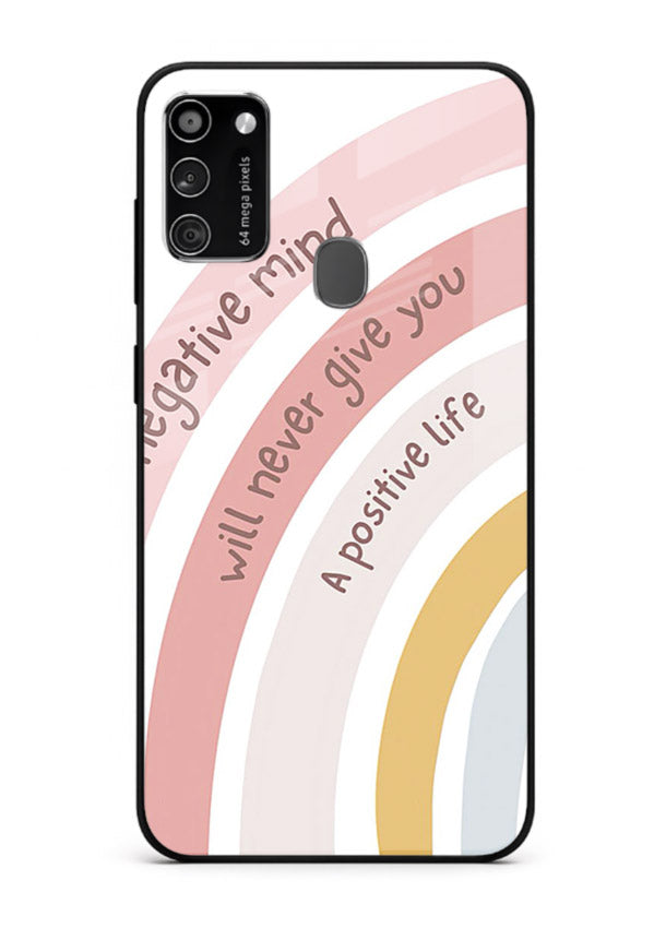 Pastel rainbow arc artwork printed on Samsung M30s glass back cover with cheerful tones.