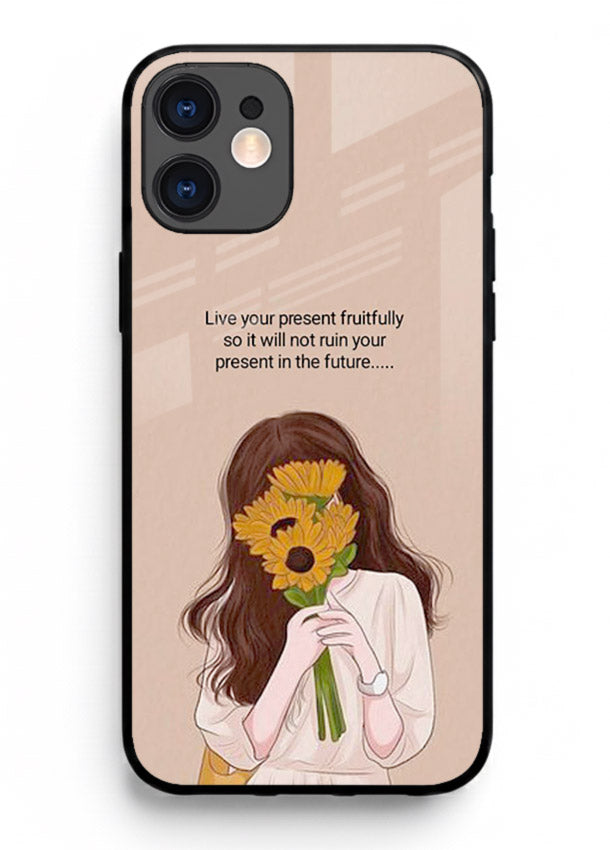 Sunflower woman illustration printed on iphone 12 glass back cover with warm bold tones.