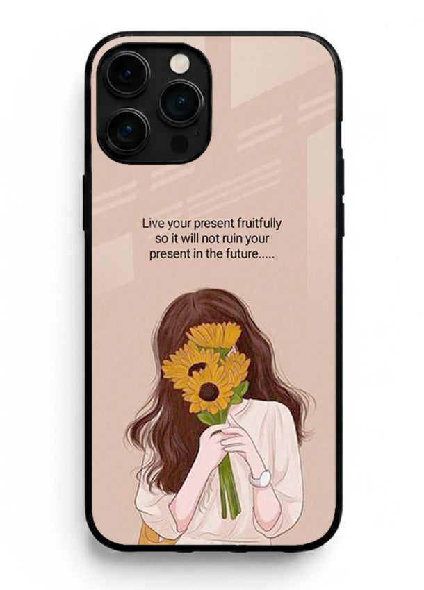 Sunflower woman illustration printed on iphone 13 pro max glass back cover with warm bold tones.