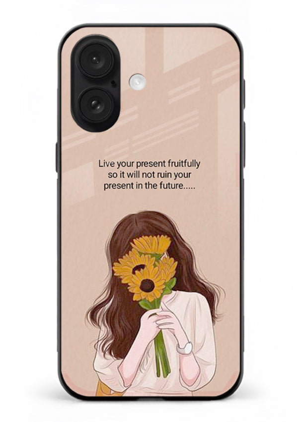 Sunflower woman illustration printed on iphone 16 plus glass back cover with warm bold tones.