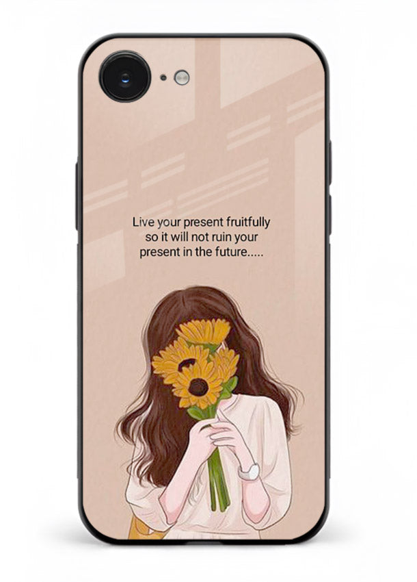 Sunflower woman illustration printed on iphone 16e glass back cover with warm bold tones.