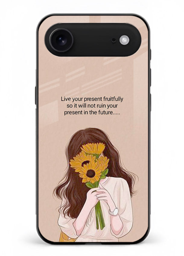 Sunflower woman illustration printed on iphone 17 air glass back cover with warm bold tones.
