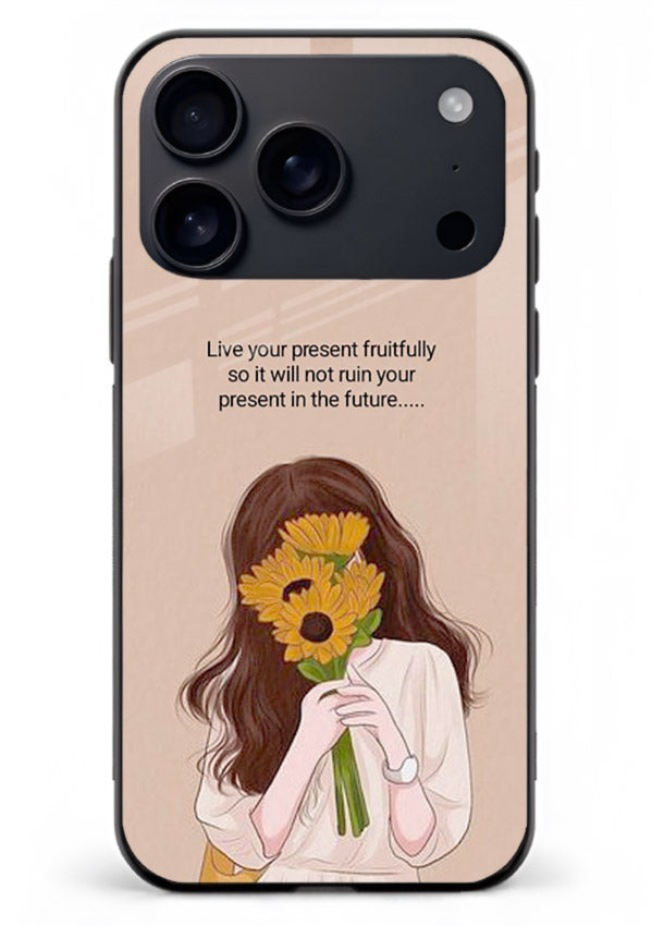 Sunflower woman illustration printed on iphone 18 pro max glass back cover with warm bold tones.