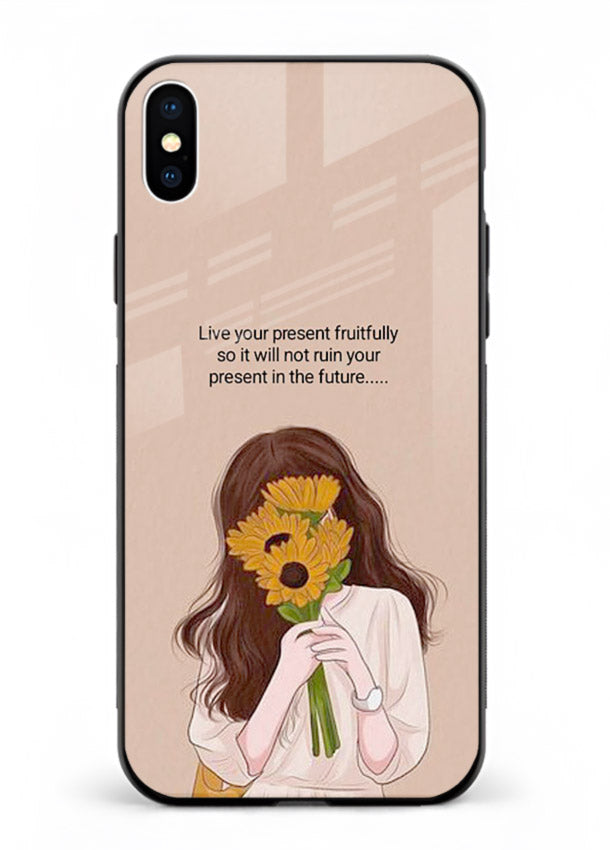 Sunflower woman illustration printed on iphone xs max glass back cover with warm bold tones.