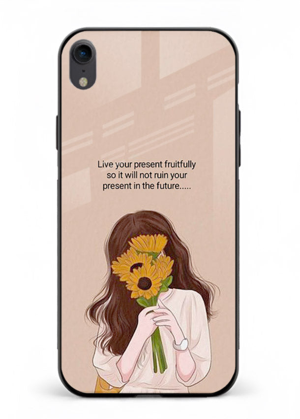 Sunflower woman illustration printed on iphone xr glass back cover with warm bold tones.