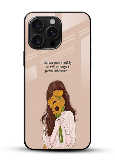 Sunflower woman illustration printed on glossy vibrant premium glass back cover with warm bold tones. - Angle Front