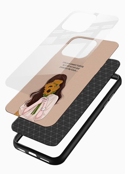 Sunflower woman illustration printed on glossy vibrant premium glass back cover with warm bold tones. - Angle Layers