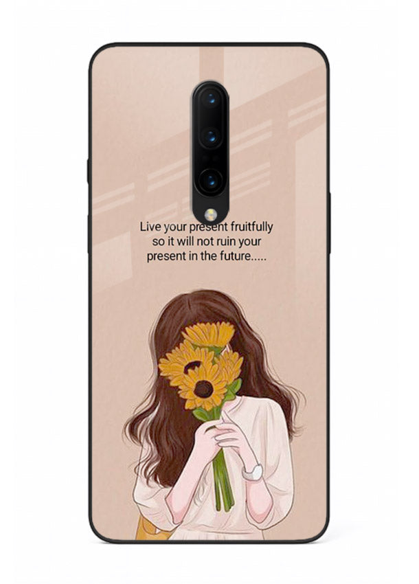 Sunflower woman illustration printed on OnePlus 8 glass back cover with warm bold tones.