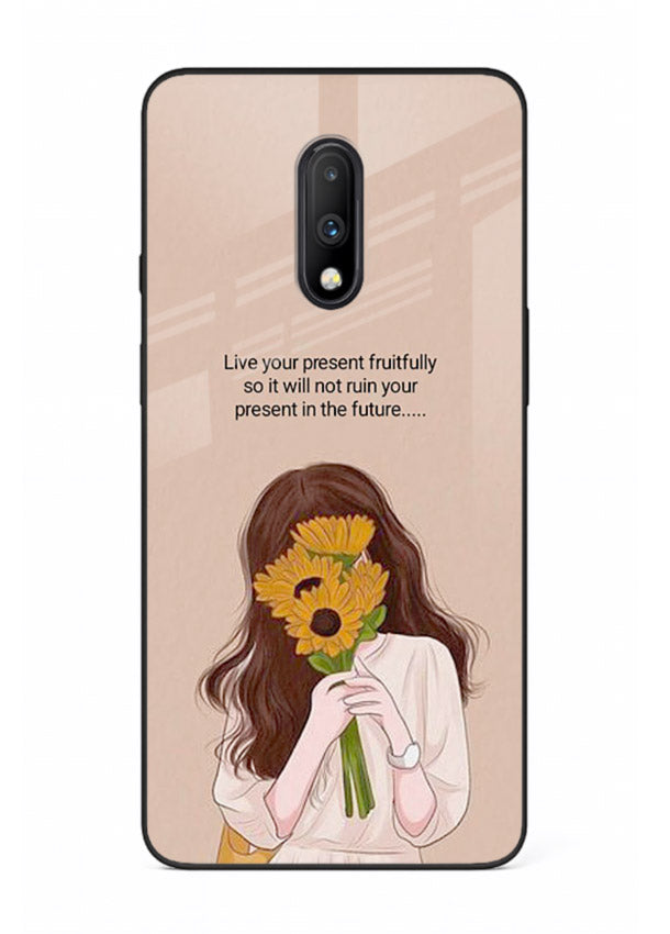 Sunflower woman illustration printed on OnePlus 7 glass back cover with warm bold tones.