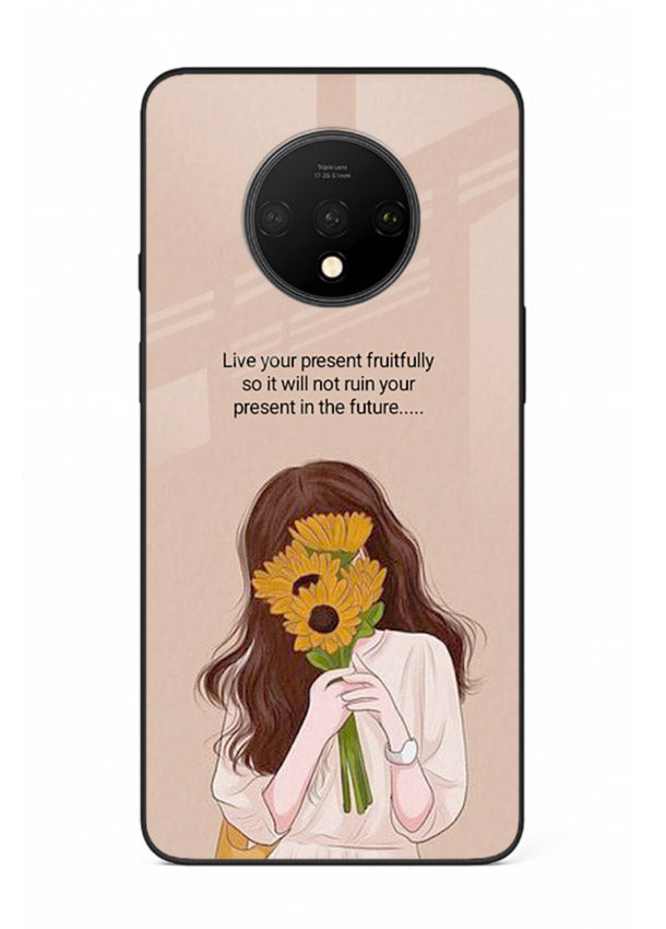 Sunflower woman illustration printed on OnePlus 7T glass back cover with warm bold tones.