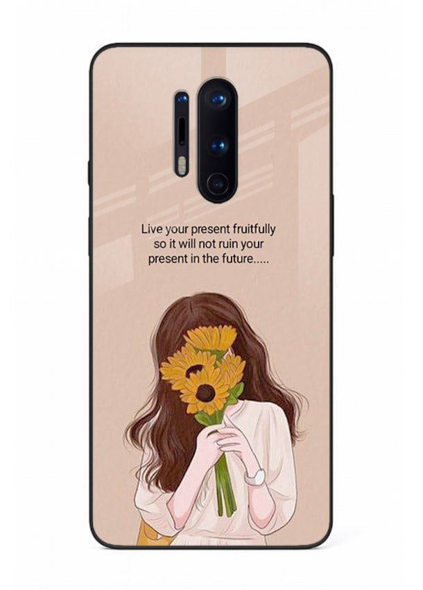 Sunflower woman illustration printed on OnePlus 8 Pro glass back cover with warm bold tones.