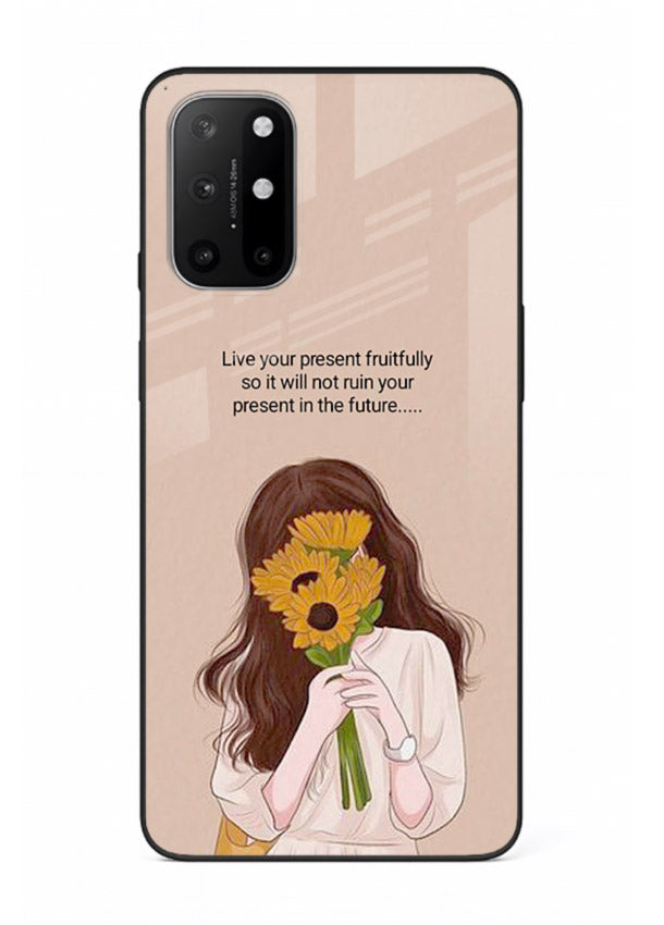 Sunflower woman illustration printed on OnePlus 8T glass back cover with warm bold tones.