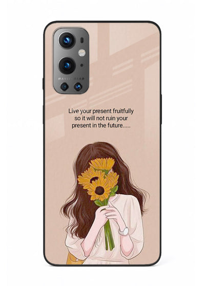 Sunflower woman illustration printed on OnePlus 9 glass back cover with warm bold tones.