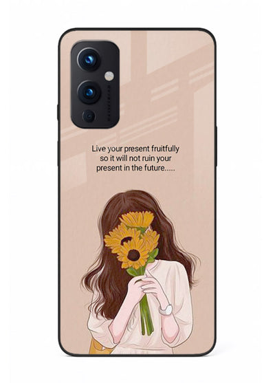 Sunflower woman illustration printed on OnePlus 9 Pro glass back cover with warm bold tones.
