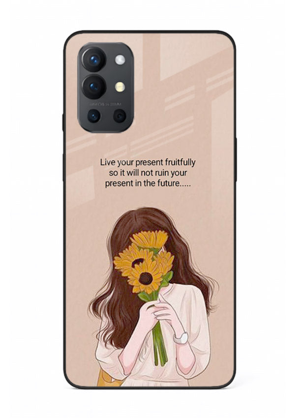 Sunflower woman illustration printed on OnePlus 9R glass back cover with warm bold tones.