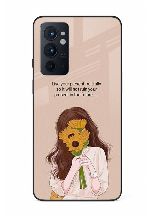 Sunflower woman illustration printed on OnePlus 9RT glass back cover with warm bold tones.