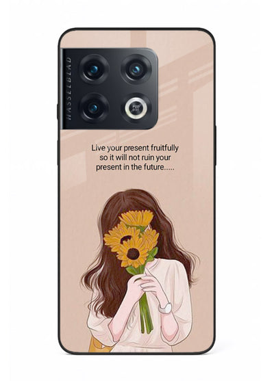 Sunflower woman illustration printed on OnePlus 10 Pro glass back cover with warm bold tones.
