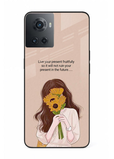 Sunflower woman illustration printed on OnePlus 10R glass back cover with warm bold tones.