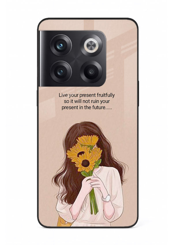 Sunflower woman illustration printed on OnePlus 10T glass back cover with warm bold tones.