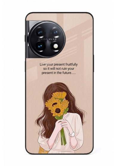 Sunflower woman illustration printed on OnePlus 11 glass back cover with warm bold tones.