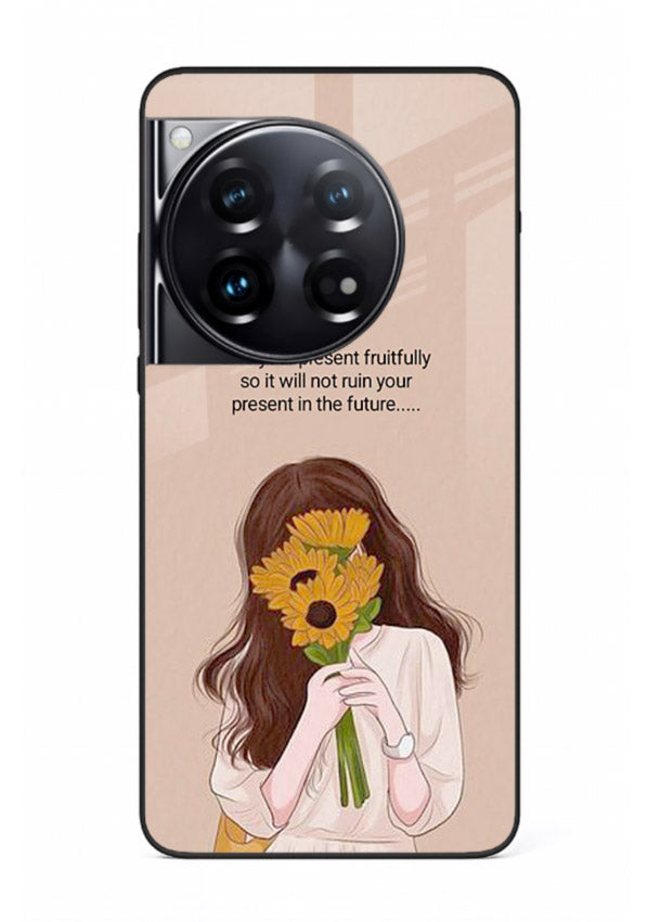 Sunflower woman illustration printed on OnePlus 12 glass back cover with warm bold tones.