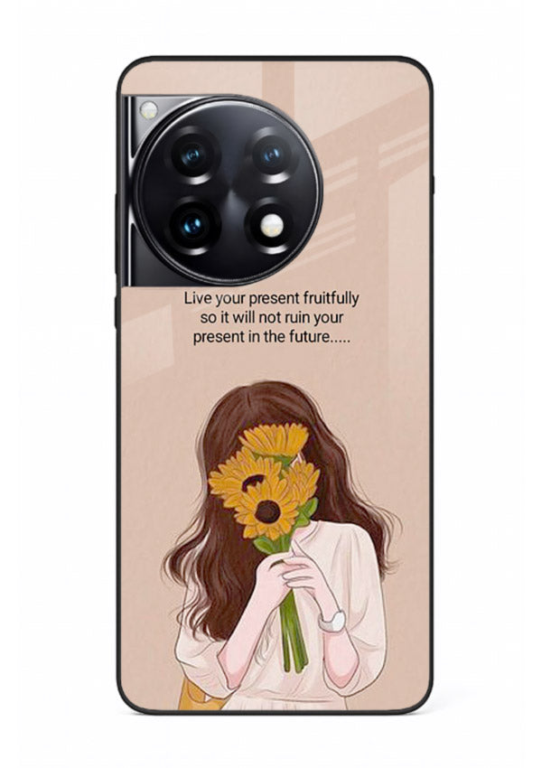 Sunflower woman illustration printed on OnePlus 12R glass back cover with warm bold tones.