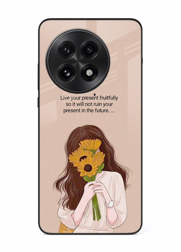 Sunflower woman illustration printed on OnePlus 13 glass back cover with warm bold tones.