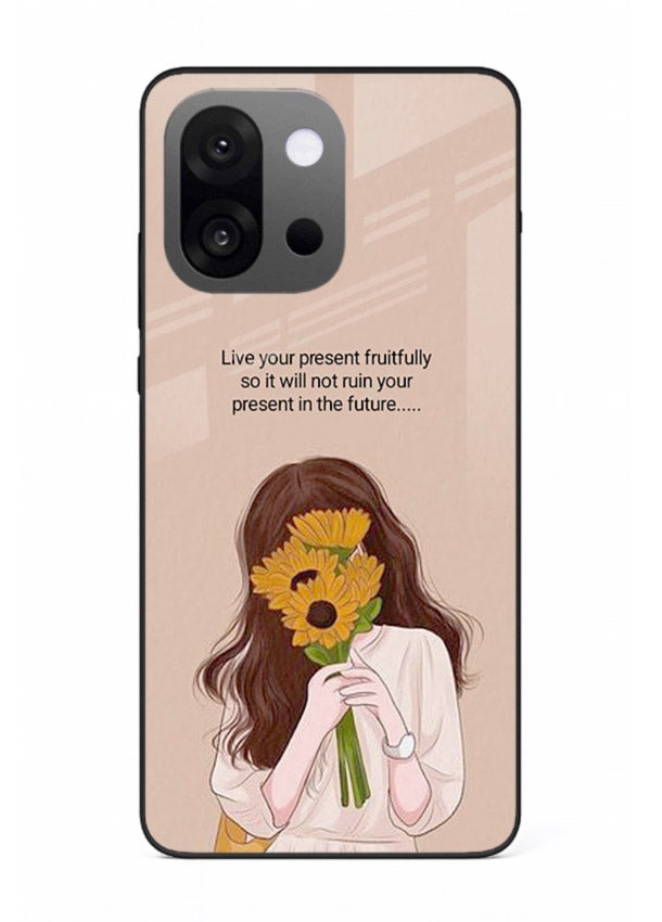 Sunflower woman illustration printed on OnePlus 13s glass back cover with warm bold tones.